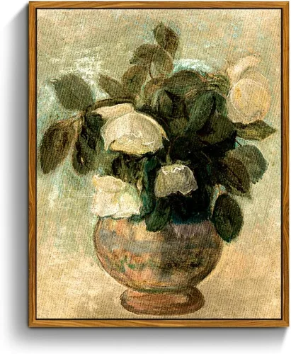 crmotu Arte de pared enmarcado vintage, pinturas al óleo clásicas de rosas blancas, impresiones en lienzo florales botánicas, imágenes estéticas de