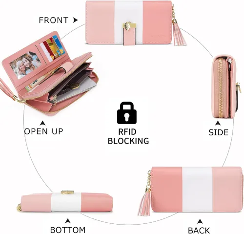 Miniatura 6 de Carteras RFID para mujer con múltiples ranuras para tarjetas y compartimento para teléfono celular, cartera para mujer, Rosa SakuraBlancoRosa