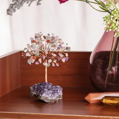 Miniatura 3 de Nupuyai Árboles de dinero de cristal natural con base de racimo de amatista, figura decorativa de piedra de cristal para decoración de escritorio