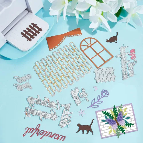 Miniatura 4 de INFUNLY Valla de pared de ladrillo con troquel de palabras y troqueles de feliz cumpleaños para hacer tarjetas, álbumes de recortes y decoración