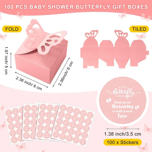 Miniatura 2 de Fulmoon 100 cajas de regalo de mariposa para baby shower, cajas de regalo de mariposa rosa, caramelo rosa, regalo de baby shower con 100 etiquetas
