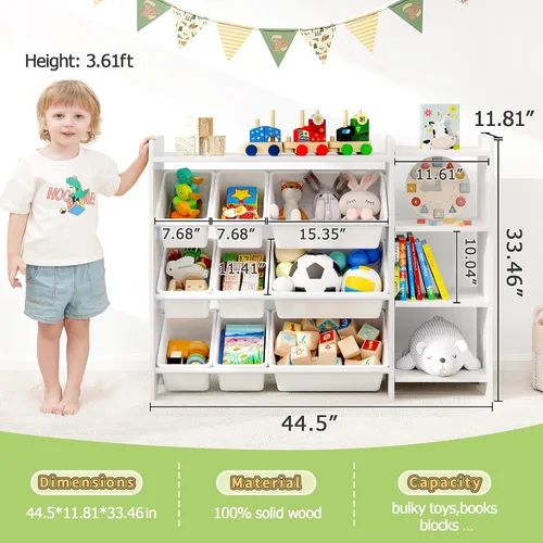 Miniatura 9 de MallBest Estante organizador de almacenamiento de juguetes para niños de 4 niveles, 100% madera maciza, armario de almacenamiento para niños con 9