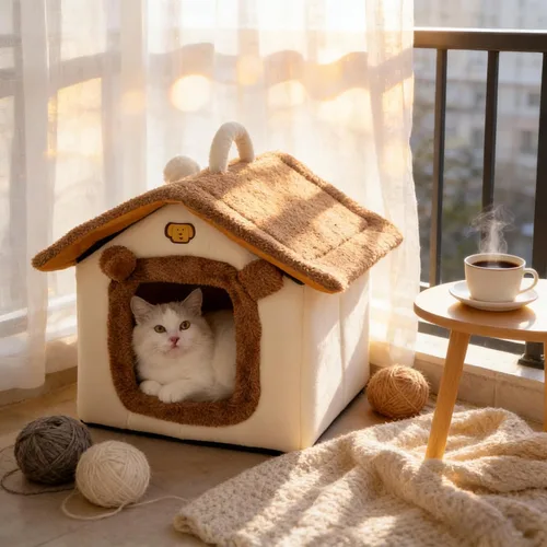 Miniatura 8 de Cama para gatos de interior, cama tipo cueva de gato con diseño de dibujos animados, diseño de mango, escondite suave para interiores, bonita casa