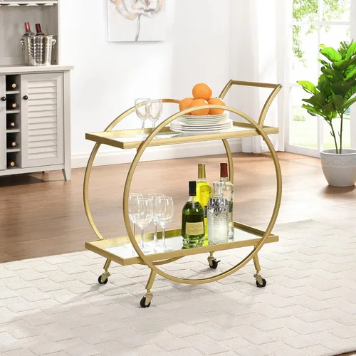 FirsTime & Co. Gold Odessa - Carrito de bar, mini bar móvil de 2 niveles, carrito de servicio de cocina y estación de café con almacenamiento para