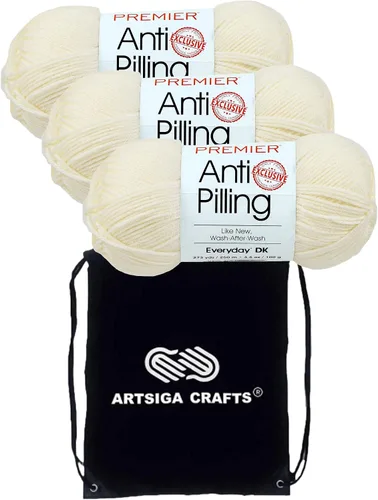 Premier Yarns Anti-Pilling Everyday DK Cream 1107-02 (3 madejas, el mismo lote de tinte) DK Light Worsted #3 - Hilo acrílico antibolitas para