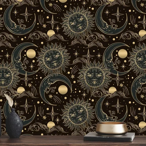 Miniatura 7 de WENMER Celestial - Papel tapiz adhesivo de 17.3 x 118 pulgadas, color marrón oscuro y amarillo, papel tapiz autoadhesivo con diseño de sol, luna