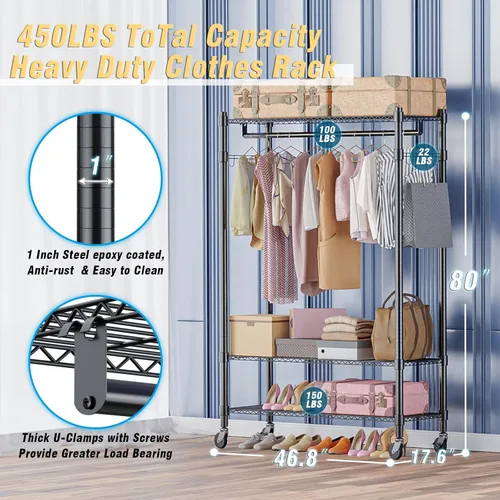 Miniatura 5 de Homdox Armario de doble barra con 3 estantes de alambre, estante de ropa resistente con estantes de alambre ajustables y ganchos laterales, paquete