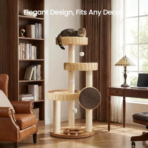 Miniatura 8 de Árbol de madera maciza para gatos grandes, torre moderna para gatos de 48 pulgadas con cestas tejidas a mano, condominio para gatos de varios