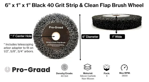 Miniatura 2 de Rueda de cepillo de solapa no tejida para amoladora de banco de 6" x 1" Negro, Grano 40 Extra Grueso, Desbaste y Limpieza, Granulado de Metal