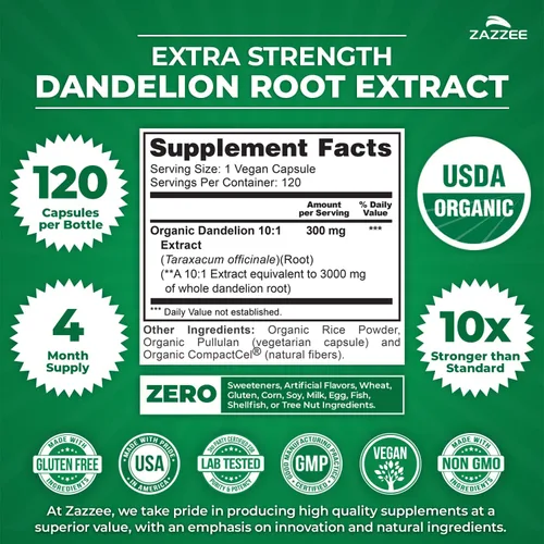 Miniatura 3 de Zazzee USDA Organic Extracto de Raíz de Diente de León 10:1, Potencia de 3000 mg, 120 Cápsulas, Suministro para 4 Meses, Extracto Estandarizado