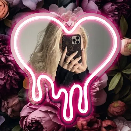 Miniatura 7 de DECANIT Letrero de Neón de Corazón - Decoración de Pared que Derrite el Corazón, Luz LED Alimentada por USB en Rosa, Espejo Decorativo de Pared