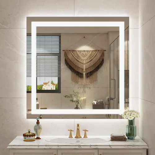 Miniatura 29 de 40x32 Espejo LED inteligente para baño, espejo de tocador regulable con luces, espejo de maquillaje retroiluminado y frontal para pared, antivaho