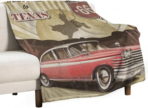 Miniatura 49 de Manta de motocicleta antigua, rústica y clásica, con temática de auto clásico, ruta de EE. UU., 66, patrón impreso, manta de franela súper suave