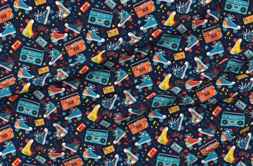 Fabric Retro Rainbow Musical Notes Rainbows Roller Skates Skating Cassette Printed on Upholstery Velvet Fabric by the Yard - Upholstery Home Decor