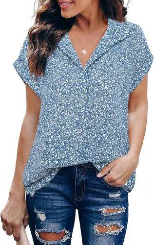 Miniatura 2 de Timeson - Blusas de chifón de manga corta para mujer, camisas con cuello para oficina, trabajo, negocios