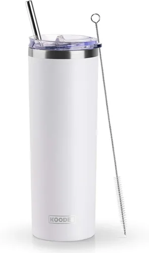 koodee Vaso delgado de 20 onzas de acero inoxidable con aislamiento de doble pared para agua con pajilla, vaso delgado de viaje para Blanco