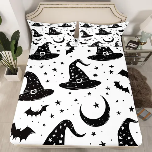 Miniatura 8 de Sábana bajera ajustable de Halloween tamaño individual, sábanas de calabaza y gato para niñas y niños, sombrero de bruja espeluznante morado