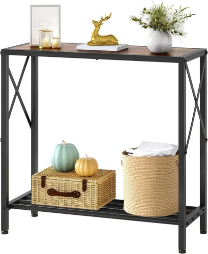 Tajsoon - Mesa de consola de 28.3" de largo, mesa estrecha de 2 niveles para entrada con estantes abiertos, pequeña mesa de sofá para sala de estar,