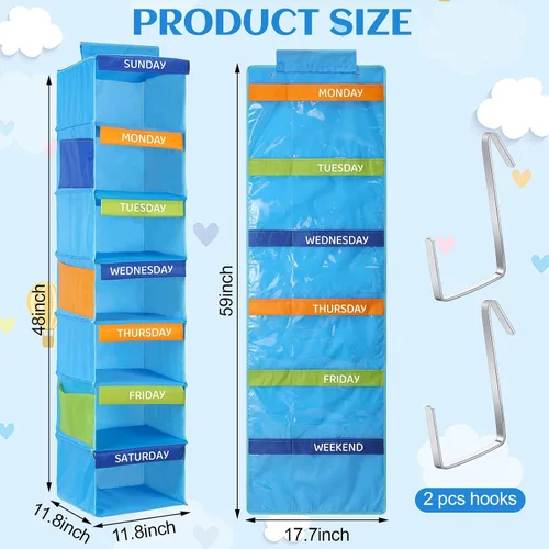 Miniatura 3 de Woanger Organizador semanal de ropa colgante para niños, 2 unidades, 11.8 x 11.8 x 48 pulgadas, estante para actividades diarias, organizador