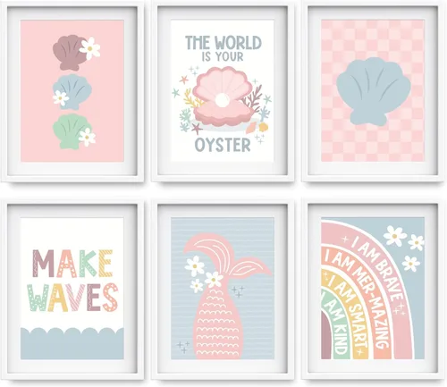 Hadley Designs 6 decoraciones de sirena para habitación de niñas, arte de pared de sirena para dormitorio y baño, impresiones sin marco bajo el mar