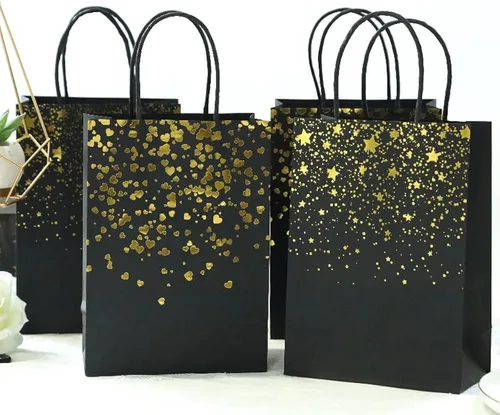 Sharlity Bolsas de regalo pequeñas de color negro y dorado, 24 bolsas de papel con asas para Halloween, cumpleaños, bodas, novias, decoraciones de