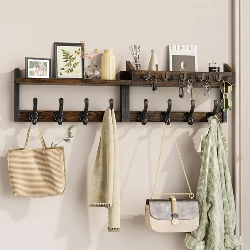 Miniatura 8 de Evermagin Perchero de Pared de 29" con Estante, Perchero y Colgador de Llaves 4 en 1 con 11 Ganchos de Metal, Estante de Entrada Montado en la Pared