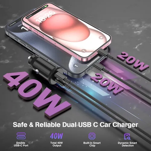 Miniatura 2 de Cargador de coche para iPhone 17 16 15 de carga rápida, cargador de coche USB C de doble puerto de 40 W con 2 cables USB C de 3 pies, adaptador
