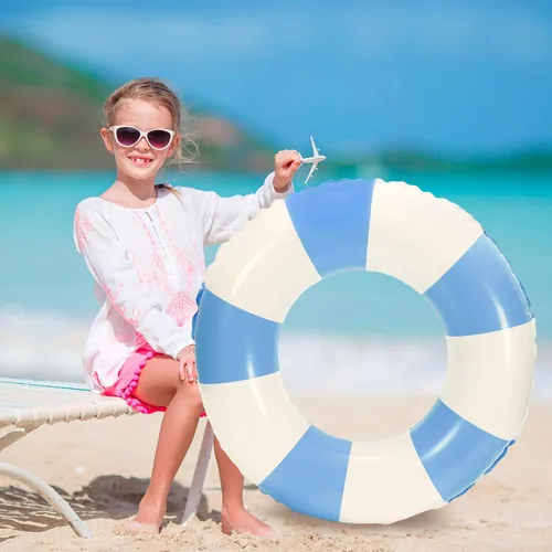 Miniatura 6 de Whaline Flotador inflable de natación de 4 piezas, anillo de natación a rayas, divertido estampado para piscina, tumbona, tubo para verano, Azul