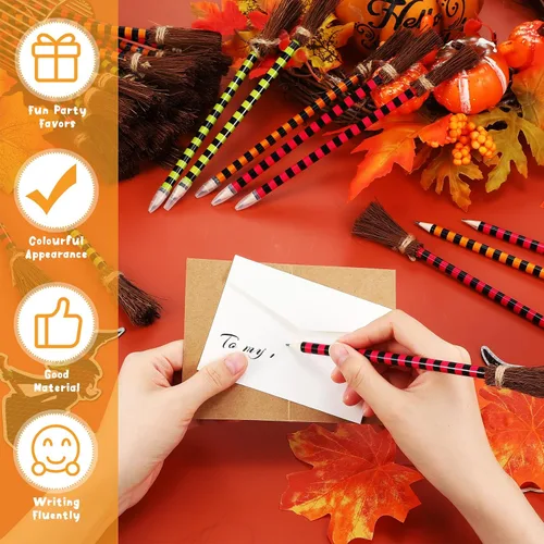 Miniatura 3 de Ireer Lápiz de escoba de bruja de Halloween, bolígrafos coloridos de escoba de bruja, lápices de escritura, recuerdos de fiesta de Halloween
