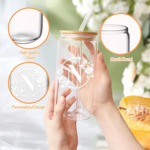 Miniatura 4 de Frerdui Regalos de cumpleaños para mujeres, taza de vidrio inicial con monograma, regalos personalizados para mujeres, tazas de vidrio de 16 onzas
