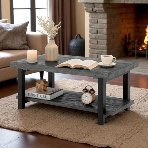 Miniatura 13 de Pomona - Mesa auxiliar rectangular de madera maciza de 42 pulgadas con estante de almacenamiento y patas de metal, mesa rústica industrial para sala