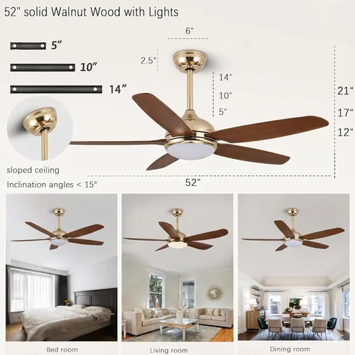 Miniatura 4 de Ventilador de techo de 52 pulgadas con luces y control remoto, moderno ventilador de techo de madera con motor de CC silencioso, 5 cuchillas