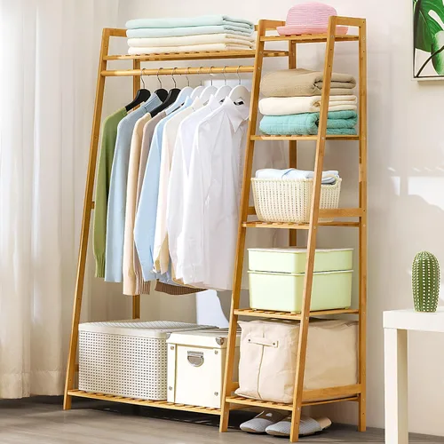 Miniatura 3 de Percheros de madera para colgar ropa, estante de ropa de bambú con estantes, organizador de armario con zapatero, para pasillo, sala de estar