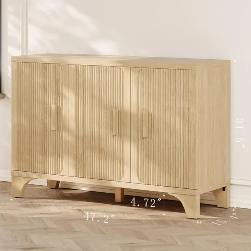 Miniatura 2 de Gabinete de buffet acanalado moderno de mediados de siglo con almacenamiento, aparador decorativo y armario de almacenamiento de credenza con Roble