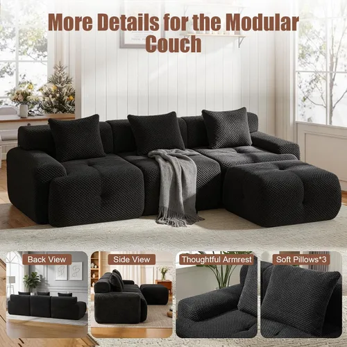 Miniatura 5 de Sofá modular modular de 104 pulgadas, moderno sofá en forma de L, relleno de sofá deshuesado con resorte y espuma, material suave de celosía de piña