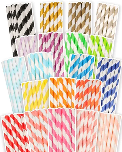 qiqee 200 unidades de pajitas de papel con rayas multicolor arcoíris, pajitas desechables a granel (20 colores múltiples)