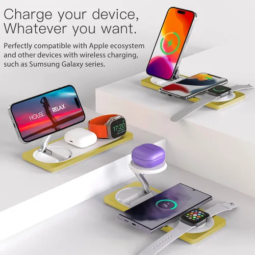 Miniatura 5 de Estación de carga 3 en 1 para dispositivos Apple: Usada para estación de carga de iPhone y reloj con soporte de cargador Magsafe, cargador Amarillo