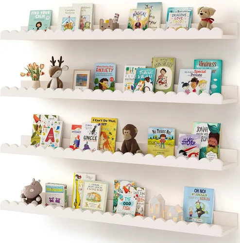 Miniatura 7 de Shario Estantes para libros de guardería, paquete de 4 estantes flotantes para pared de niños, estantes festoneados, estantes de pared
