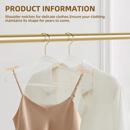 Miniatura 3 de Perchas de plástico transparente – Paquete de 20 perchas antideslizantes para abrigos y ropa con purpurina brillante para bodas – Organización