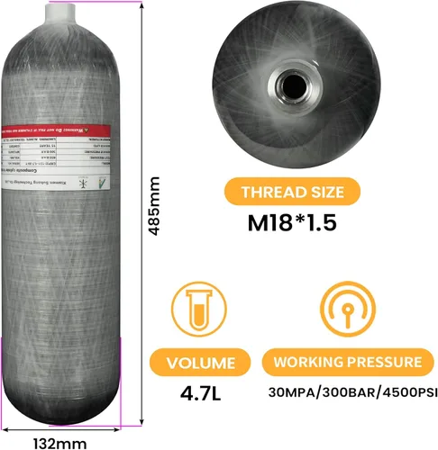 Miniatura 2 de TUXING Tanque de aire de fibra de carbono de 4.7L 4500psi (botella vacía) Estación de llenado de paintball con manguera de alta presión M18* 1.5