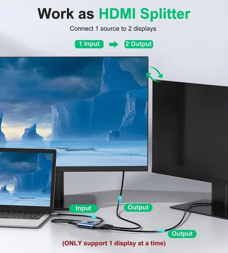 Miniatura 4 de Conmutador HDMI 4k@60hz divisor, GANA conmutador HDMI bidireccional de aluminio 2 en 1 salida, Hub HDMI manual compatible con HD, compatible