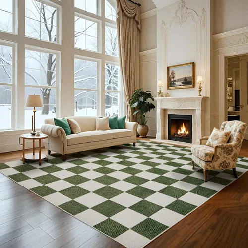 Alfombra Lavable 5x7 de Cuadros, Alfombra de Área Verde y Blanca, Alfombras Grandes Boho para Sala de Estar, Alfombra de Bajo Pilo Ligera para Verde