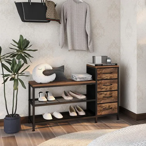 Miniatura 6 de EXOTICA Banco de entrada de 3 niveles con almacenamiento para zapatos, banco con 4 cajones de tela, marco metálico y tablero de madera, zapatero