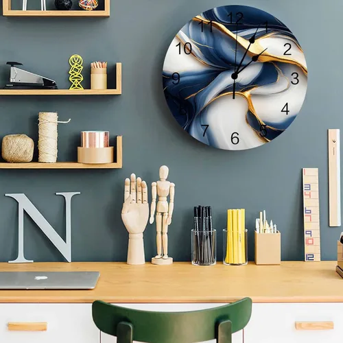 Miniatura 5 de Reloj de pared de PVC de mármol azul dorado para decoración de sala de estar, textura abstracta retro, silencioso, sin tictac, funciona