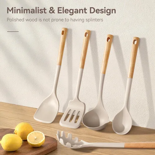 Miniatura 6 de NCUE Juego de Utensilios de Cocina, Juego Grande de Utensilios de Cocina de Silicona Antiadherente de 6 Piezas, Mango de Madera Resistente al Calor