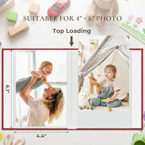 Miniatura 2 de Vienrose Álbum de fotos pequeño de 4 x 6 pulgadas, paquete de 2 mini libros de fotos con cubierta de lino, 26 páginas con capacidad para 52 Rojo