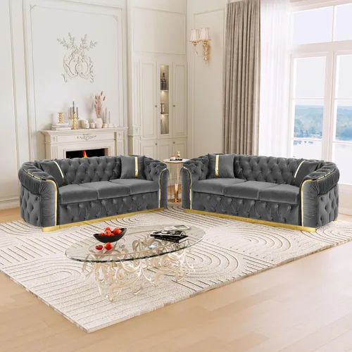 Miniatura 17 de KEIKI Sofá Chesterfield de terciopelo de lujo de gran tamaño de 81 pulgadas con decoración de acero inoxidable dorado, sofá de 3 plazas