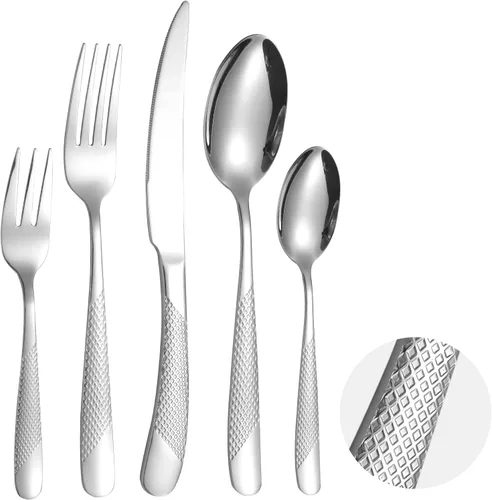 Modern Silverware - Juego de cubiertos martillados de acero inoxidable de 20 piezas para 4 personas, incluye tenedores, cucharas, cuchillos, plateado