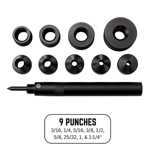 Miniatura 3 de WEDGE 10 Piece Hollow Punch Set Metric Punches (5-32cm) & SAE (3/16-1-1/4") Sizes Secure Grip Elegant Wooden Box with Metal Details