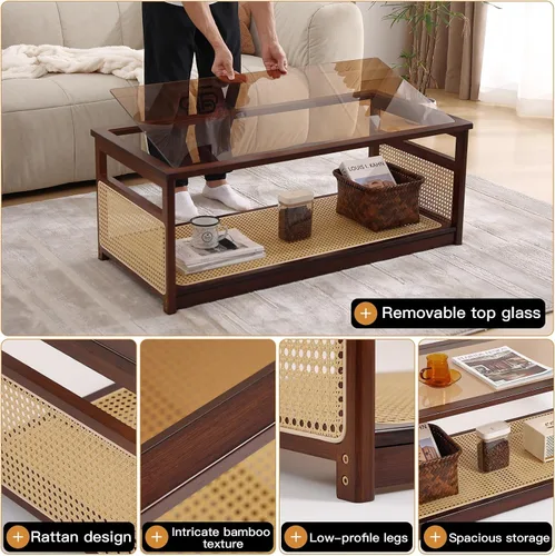 Miniatura 5 de Welnow Mesas de centro de ratán para sala de estar, moderna mesa de centro de 2 niveles, mesa de centro rectangular de mediados de siglo con estante